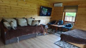 a bedroom with a bed and a tv on a wall at Vasarnīca Pie Anniņas in Pasteri +13 photos