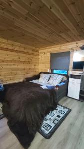 a room with a bed in a wooden room at Vasarnīca Pie Anniņas in Pasteri