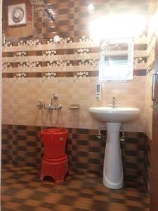 a bathroom with a red toilet and a sink at Hotel Pine View Villa in Dagshai