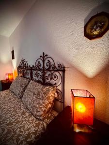 a bedroom with a bed with a lamp next to it at Le Sapin 2 in Cogne