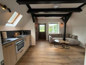 a kitchen and living room with a couch and a table at EJ Apartments in Gartow