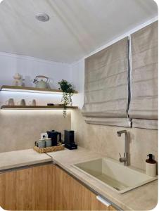 a kitchen counter with a sink and a window at Aegean Horizon Seafront Luxury Villa Plomari Garden Level in Trýgonas +38 photos