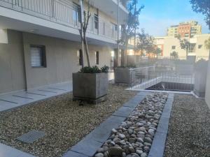 a courtyard of a building with a tree and rocks at Zion on Mayfair in Cape Town
