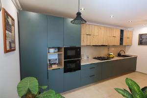 a kitchen with blue cabinets and a stove at MADISON RANCH in Szabolcsveresmart