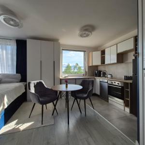 a small kitchen with a table and chairs in a room at Modern Studio Nagórki in Olsztyn