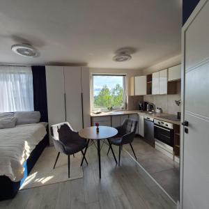 a small room with a bed and a table and chairs at Modern Studio Nagórki in Olsztyn