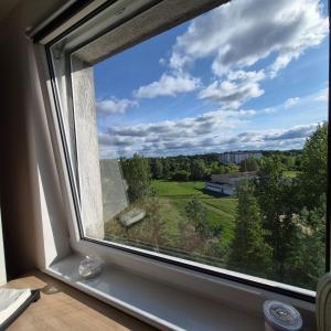 a window with a view of a green field at Modern Studio Nagórki in Olsztyn