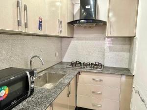 a small kitchen with a sink and a microwave at 2BHK Apartment Perfect for Families & Groups in Rawalpindi +8 photos