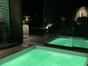 a bath tub with green water in a room at ALPENGARTEN EIGENTHAL - Private Wellness Retreat in Eigenthal