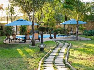 a garden with chairs and umbrellas and a pool at Oakdene Guest House in Oudtshoorn