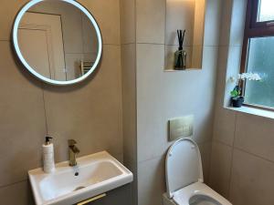a bathroom with a sink and a toilet and a mirror at Murreigh Beag Waterville in Waterville