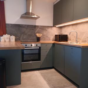 a kitchen with gray cabinets and a sink and a stove at Gîte Entre Semois et Forêt in Chiny