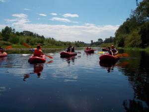 eine Gruppe von Menschen, die mit Kanus auf einem Fluss Kajak fahren in der Unterkunft Stonehill River Lodge by Dream Resorts in Buffeljagsrivier