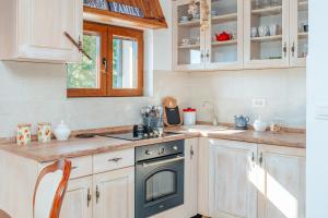 a kitchen with white cabinets and a black oven at Villa Elena in Cetinje