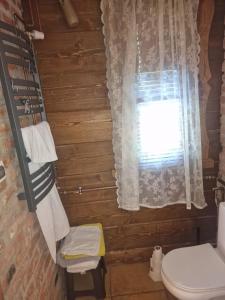 a bathroom with a toilet and a window at Domki Brenna Leśnica chatka ze spa in Brenna +29 photos