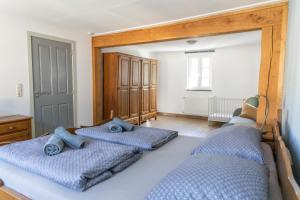 a bedroom with two beds with blue pillows at Mosel-Cottage in Briedern