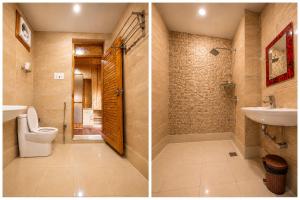 two pictures of a bathroom with a toilet and a sink at Srichan Resorts in Pahalgām +30 photos