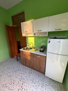 a kitchen with green walls and a white refrigerator at Green Home in Kobuleti +18 photos