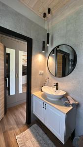 a bathroom with a sink and a mirror at SosnowoMi in Lubiatowo +74 photos