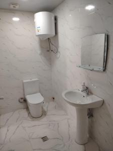 a white bathroom with a toilet and a sink at Ghulelebi - ღულელები in Ghulelebi