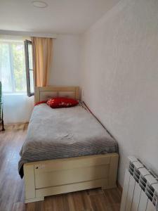 a bedroom with a bed with a red pillow on it at Ghulelebi - ღულელები in Ghulelebi