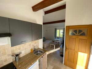 a kitchen with a sink and a door to a room at Studio au 1er étage à la campagne in Callian