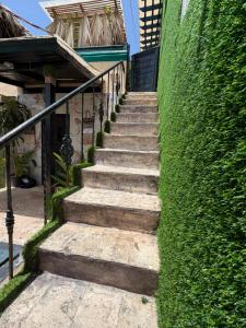a set of stairs next to a green wall at Valle Romantico in Manoguayabo
