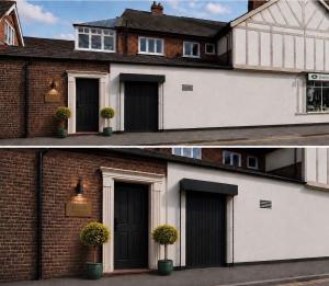 a building with a black door and potted plants at The Linen Rooms in Knutsford