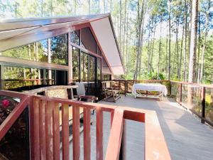 a screened in porch of a cabin in the woods at Jeden Glass House Mountain View in Canayan