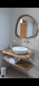 a bathroom with a sink and a mirror on a shelf at B&B La Rivé in Maastricht