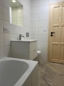 a bathroom with a sink and a toilet and a mirror at Harrachovský Chalet Gryf u sjezdovky in Ryžoviště