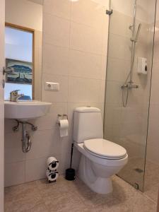 ein Badezimmer mit Toilette und Waschbecken in der Unterkunft Stöð-INN in Stöðvarfjörður + 7 Fotos