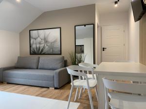 a living room with a couch and a table and chairs at Skorzęcin Apartamenty Orla in Skorzęcin