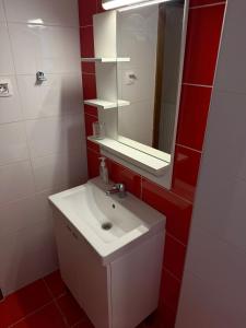 a bathroom with a white sink and a mirror at Το Σπίτι στον Πεζόδρομο in Grevena +13 photos