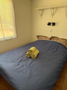 two towels on a bed in a bedroom at Chez Axel in Pradons