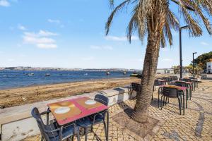 a beach with tables and chairs and a palm tree at Trafaria Bliss in Trafaria