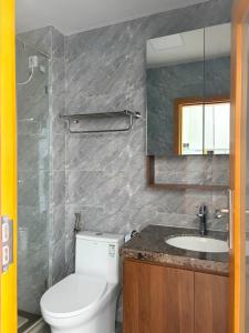 a bathroom with a toilet and a sink and a mirror at FryB in Phnom Penh