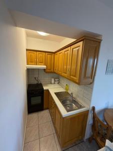 a small kitchen with wooden cabinets and a sink at Apartmani Kovačić in Kraj +67 photos