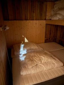 a room with two beds in a wooden room at Skjellfjord cabin in Skjelfjord