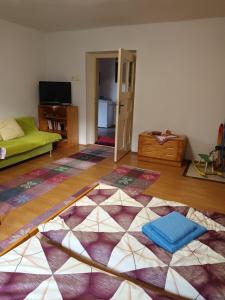 a living room with a large rug on the floor at Chalupa Za zeleným plotom in Pača