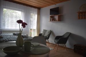 a living room with a table and chairs and a window at Pokoje gościnne u Kasecki in Murzasichle