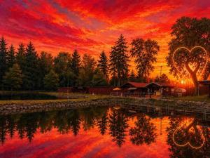 a sunset over a body of water with a building and trees at Zimmerův Statek in Mikulášovice +29 photos