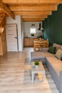 a living room with a couch and a table at Domki Osada Kalinowa Nowęcin Łeba Sauna in Łeba