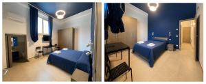 two beds in a room with blue walls and a bedroom at Affitta camere via Po in Porto SantʼElpidio +10 photos