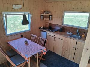 a small kitchen with a table and a sink at Tiny House in Münster