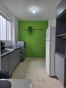 a kitchen with green walls and a white refrigerator at Bem-vindo ao seu refúgio em Palhoça in Palhoça +3 photos