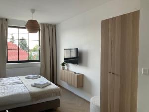 a bedroom with a bed and a tv on a wall at Ivanka Apartments in Ivanka pri Dunaji