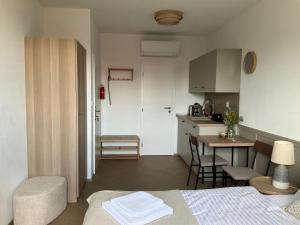 a room with a bed and a kitchen with a table at Ivanka Apartments in Ivanka pri Dunaji