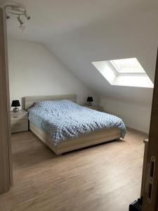 a bedroom with a bed and a skylight at Maison de campagne in Chièvres