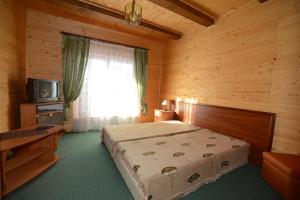 a bedroom with a bed and a television and a window at Cottage Kurshevel in Slavske
